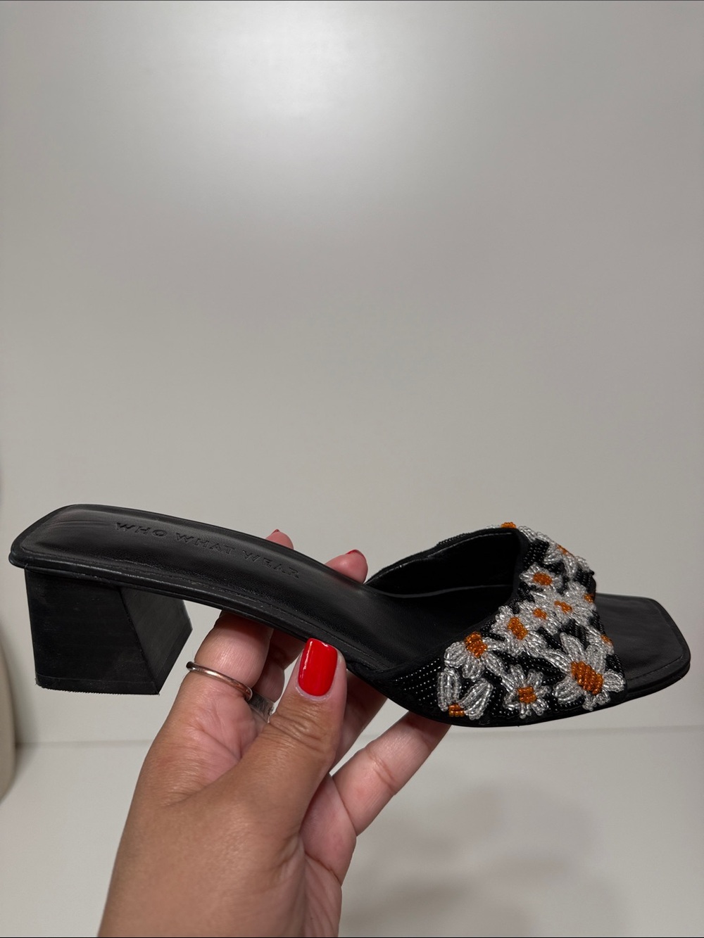 Who What Wear Emily Slide Sandal Black Mules with Silver & Orange Beaded Daisies